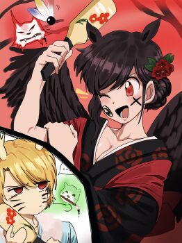 2girls :d absurdres alternate_costume alternate_hairstyle animal_ears black_hair black_kimono black_wings blonde_hair blue_kimono blush breasts calligraphy_brush cleavage closed_mouth collarbone commentary dragon_horns drawn_whiskers eastern_dragon_horns facepaint facial_mark floral_print frown fur_trim hair_bun hand_on_own_arm highres horns horse_ears japanese_clothes kicchou_yachie kimono kurokoma_saki long_hair looking_at_another lower_teeth_only multiple_girls open_mouth otter_spirit_(touhou) paintbrush red_eyes short_hair smile teeth touhou turtle-kun whisker_markings wily_beast_and_weakest_creature wings wolf_spirit_(touhou) yukata