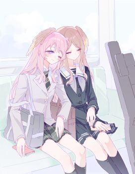 Rule 34 | 2girls, artist request, bag, bang dream!, bang dream! it's mygo!!!!!, black socks, blue eyes, blue shirt, blue skirt, brown hair, cellphone, chihaya anon, chinese commentary, closed eyes, closed mouth, commentary request, commission, diagonal-striped clothes, diagonal-striped necktie, green necktie, green skirt, grey bag, grey jacket, grey neckerchief, guitar case, haneoka school uniform, head wings, highres, instrument case, jacket, long hair, multiple girls, nagasaki soyo, neckerchief, necktie, one eye closed, phone, pink hair, plaid clothes, plaid skirt, pleated skirt, school uniform, second-party source, shirt, shoulder bag, skirt, smartphone, socks, striped clothes, tsukinomori school uniform, wings