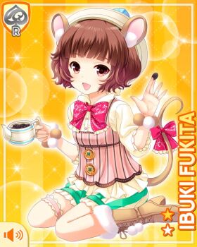 1girl animal_ears beans boots bow brown_dress brown_eyes brown_hair button card character_name dress fake_animal_ears fake_tail fukita_ibuki girlfriend_(kari) hat kneeling long_sleeves looking_at_viewer mouse_ears mouse_tail official_art open_mouth pot qp:flapper red_bow short_hair skirt tail yellow_background