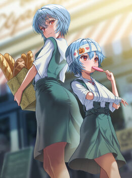2girls :3 absurdres age_difference aqua_skirt arm_sling awning ayanami_rei back-to-back bag baguette bandaged_arm bandaged_head bandages blue_hair blurry blurry_background blush bread candy cast clone closed_mouth collared_shirt commentary day depth_of_field dress_shirt dutch_angle eating eyelashes feet_out_of_frame food from_below groceries hair_between_eyes halloween heart height_difference highres holding holding_bag holding_candy holding_food holding_lollipop jack-o&#039;-lantern light_smile lollipop lollipop_in_mouth looking_afar looking_ahead looking_at_viewer multiple_girls neon_genesis_evangelion outdoors paper_bag sailor_collar school_uniform shirt shop shopping_bag short_sleeves sign signboard skirt smile spoilers standing suspender_skirt suspenders tokyo-3_middle_school_uniform white_sailor_collar white_shirt yahha