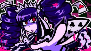 Rule 34 | 1girl, blood, blood in hair, blood splatter, blue hair, card, celestia ludenberg, commentary, danganronpa: trigger happy havoc, danganronpa (series), english commentary, highres, lace trim, phonnks, pink blood, playing card, red eyes, solo focus