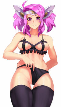 1girl bare_arms bare_shoulders black_panties black_thighhighs breasts collarbone frills from_below hair_ornament highres kirani large_breasts league_of_legends long_hair looking_at_viewer lux_(league_of_legends) medium_hair panties pink_hair shiny_skin skindentation smile solo star_guardian_(league_of_legends) star_guardian_lux teeth thighhighs twintails underwear