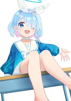 1girl :d absurdres arm_support arona_(blue_archive) bare_legs blue_archive blue_eyes blue_hair blue_halo blue_pupils blue_shirt blush bow bow_hairband bowtie braid bright_pupils choker colored_inner_hair commentary desk feet_out_of_frame hair_over_one_eye hairband halo hand_up highres long_sleeves looking_at_viewer miniskirt multicolored_hair on_desk open_hand open_mouth outstretched_arm pink_hair puffy_long_sleeves puffy_sleeves sailor_collar school_desk school_uniform serafuku shirt short_hair simple_background single_braid sitting skirt sleeve_cuffs smile solo spread_fingers streaked_hair two-tone_hair uine_(bobhairshuki) white_background white_bow white_bowtie white_choker white_hairband white_sailor_collar white_skirt