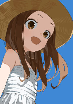 1girl :d absurdres brown_eyes brown_hair brown_hat commentary_request dress hat highres karakai_jouzu_no_takagi-san long_hair looking_at_viewer official_art open_mouth redrawn sleeveless sleeveless_dress smile solo sundress takagi-san white_dress yamamoto_souichirou
