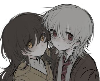 1boy 1girl blush brother_and_sister brown_cardigan brown_hair cardigan chinese_commentary commentary_request face-to-face guzi15613491 highres looking_at_viewer red_eyes saihate_eki shoulder-to-shoulder siblings simple_background sweater_vest tatsunami_shion tenjiku_aoi twins white_background white_hair yellow_eyes yellow_sweater_vest