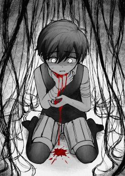 Rule 34 | 1boy, absurdres, antenna hair, bandaged arm, bandages, blood, blood on hands, blood splatter, closed mouth, commentary request, double-parted bangs, greyscale, hair between eyes, highres, male focus, monochrome, omori, omori (omori), rami 1300, seiza, short hair, shorts, sitting, solo, spot color, striped clothes, striped shorts, sweat, tank top, thighhighs, vertical-striped clothes, vertical-striped shorts