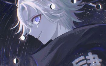 1boy aotsuki_eito blue_eyes eyelashes eyeliner from_side glasses hashtag-only_commentary highres makeup male_focus moon moon_phases open_mouth parted_bangs profile red_eyeliner rimless_eyewear ringed_eyes short_hair smile solo teeth the_hundred_line_-last_defense_academy- tongue upper_teeth_only white_hair wide-eyed yuiii_0311