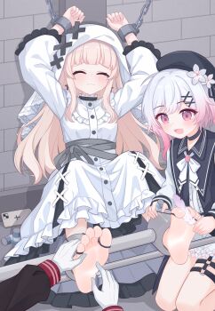 3girls :d absurdres barefoot beret black_hat blonde_hair bound cellphone commentary_request cross cross_earrings cross_ornament crying dress earrings eugenecolin flower frilled_dress frills glass_bottle hair_ornament hat hat_flower highres hikami_meruru hime_cut jewelry mahou_shoujo_no_majo_saiban multiple_girls nikaido_hiro o-ring o-ring_thigh_strap open_mouth phone pink_eyes pink_hair priestess restrained sakuraba_ema smartphone smile soles thigh_strap tickling tickling_feet toes torture veil white_dress white_flower white_hair white_veil x_hair_ornament