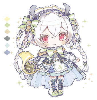 Rule 34 | 1girl, amakawa tamawo, blush, boots, bow, bowtie, braid, chibi, chibi only, closed mouth, color guide, commentary request, dress, full body, green bow, green bowtie, highres, instrument, long hair, looking at viewer, original, red eyes, simple background, smile, solo, standing, striped bow, striped bowtie, striped clothes, trombone, twin braids, white background, white boots, white dress, white hair