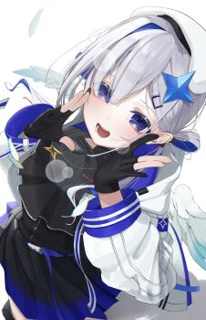 Rule 34 | 1girl, amane kanata, amane kanata (work), angel wings, black dress, black gloves, colored inner hair, cowboy shot, dress, edge ill, feathered wings, gloves, grey hair, hair ornament, hashtag-only commentary, highres, hololive, jacket, long hair, long sleeves, looking at viewer, multicolored hair, official alternate costume, open clothes, open jacket, open mouth, parted bangs, partially fingerless gloves, purple eyes, single hair intake, smile, solo, star (symbol), star hair ornament, virtual youtuber, white background, white jacket, wings