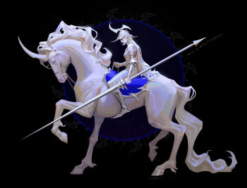 Rule 34 | 1girl, absurdres, animal, animal focus, armor, bevor, black background, blue eyes, breasts, chinahou, clenched hands, couter, cuirass, faulds, from side, full body, greaves, hatching (texture), head bowed, head down, helmet, high-waist pants, highres, holding, holding polearm, holding weapon, horse, horseback riding, long hair, no lineart, original, pants, pauldrons, plackart, polearm, rerebrace, riding, sabaton, saddle, sallet, shoulder armor, signature, small breasts, unicorn, very long hair, weapon, white hair, white helmet, white pants, white theme