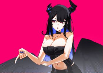 1girl asymmetrical_horns bare_shoulders black_hair black_horns black_vest blue_hair breasts cleavage collarbone commentary english_commentary feathered_wings highres hololive hololive_english horns large_breasts low_wings mole mole_under_eye multicolored_hair nerissa_ravencroft purple_background purple_eyes rhheeaaart simple_background solo two-tone_hair uneven_horns vest virtual_youtuber wings