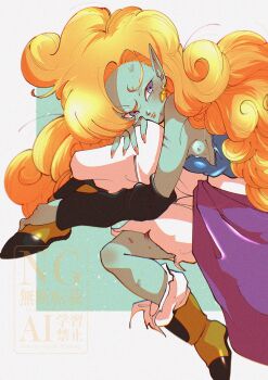 1boy battle_damage blue_eyes border colored_skin commentary_request dragon_ball dragonball_z earrings green_skin highres jewelry long_hair orange_hair pointy_ears solo stktik09060906 torn_clothes white_border zangya