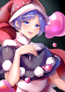 1girl absurdres black_background black_capelet blob blue_eyes blue_hair capelet doremy_sweet dress female_focus hand_on_own_chest hat highres koizumo multicolored_dress nightcap pom_pom_(clothes) red_hat short_hair solo touhou upper_body