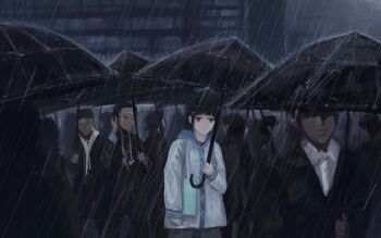 1girl 6+others absurdres black_eyes black_hair black_jacket blunt_bangs clipboard collared_shirt color_contrast dark expressionless feitu233 hair_ornament hairclip highres holding holding_clipboard holding_umbrella hood hood_down jacket looking_at_viewer multiple_others original outdoors rain scenery shirt short_hair sidelocks solo_focus storm umbrella upper_body white_jacket white_shirt