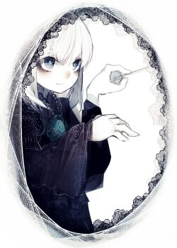 1girl black_dress black_sleeves blue_eyes border brooch closed_mouth commentary_request dress high_contrast holding indoors jewelry lace lace_border lace_trim long_hair original ornate_border pale_skin portrait riuichi simple_background sleeves_past_wrists solo_focus straight_hair white_background white_hair wide_sleeves