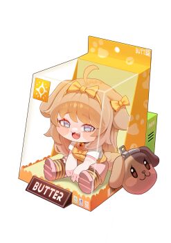 Rule 34 | 1girl, :d, absurdres, ahoge, animal ears, blue eyes, blush, bow, box, brown hair, butter (trickcal), chibi, dog ears, dog girl, dog tail, hair bow, highres, in box, in container, jeongdang geolae, long hair, looking at viewer, open mouth, smile, solo, tail, transparent background, trickcal