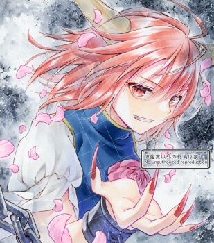 Rule 34 | 1girl, alto2019, blue tabard, chain, commentary request, cuffs, falling petals, fingernails, flower, grin, highres, horns, ibaraki douji's arm, long fingernails, long hair, looking at viewer, oni, petals, pink eyes, pink flower, pink hair, pink petals, pink rose, red nails, rose, sample watermark, shackles, shirt, short sleeves, smile, solo, tabard, touhou, vine print, watermark, watermark grid, white shirt