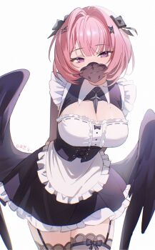 1girl apron arms_behind_back black_dress black_garter_straps black_thighhighs black_wings breasts chinese_commentary cleavage commentary_request dress garter_straps highres kurihara_junichi large_breasts looking_at_viewer maid maid_apron mask medium_hair mouth_mask pink_hair purple_eyes remielle_dan revision simple_background smile solo thighhighs thighs white_apron white_background wings zenless_zone_zero zettai_ryouiki
