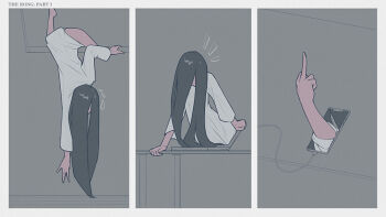 1girl black_hair cellphone charger computer film_grain fingernails flat_screen_tv hand_over_face laptop long_hair middle_finger parody phone solo surprised sweat sweatdrop table tailbox television the_ring very_long_hair yamamura_sadako