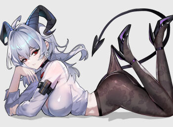 1girl ahoge arm_pouch black_choker black_horns black_pantyhose black_shoes black_tail breasts choker closed_mouth commentary curled_horns demon_tail from_side grey_background hair_between_eyes hand_up hibikissmoon high_heels hooked_on_heel horns lace_pantyhose_hooked_on_heel_(meme) large_breasts looking_at_viewer looking_to_the_side lying meme no_pants on_stomach pantyhose red_eyes revision shirt shoes simple_background solo tail the_pose white_shirt wuthering_waves zani_(wuthering_waves)