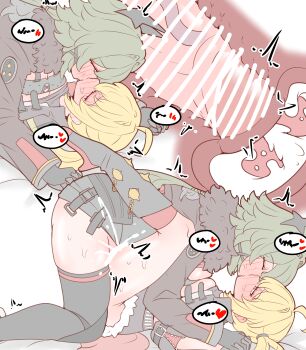absurdres bar_censor bed black_gloves black_shorts blonde_hair blush breasts caesar_king_(zenless_zone_zero) censored cleavage clothed_sex clothes_lift crop_top cum cum_in_pussy erection french_kiss futa_with_female futanari gloves green_hair hair_between_eyes hair_ornament heart highres horns jacket kiss large_breasts long_hair looking_at_another luciana_de_montefio lying missionary multiple_girls navel on_back on_bed open_mouth penis physisyoon pussy red_eyes sex shirt_lift shorts side_ponytail simple_background small_breasts spread_legs testicles thighhighs vaginal zenless_zone_zero zipper