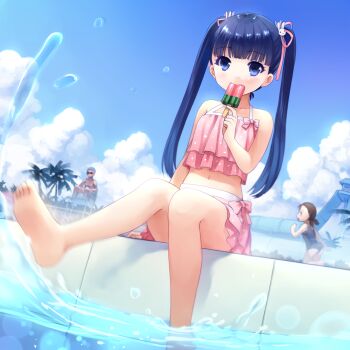 Rule 34 | 1boy, 2girls, bad id, bad pixiv id, bikini, blue eyes, blue hair, blush, chair, feet, food, frilled bikini, frills, goggles, hair ribbon, highres, holding, lifeguard, lifeguard chair, long hair, multiple girls, navel, one-piece swimsuit, original, popsicle, ribbon, sitting, soaking feet, swimsuit, twintails, water, xiangtu