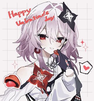 Rule 34 | 1girl, black gloves, buttons, candy, chocolate, chocolate heart, clothing cutout, collared dress, commentary, dress, earrings, evernight (honkai: star rail), flower, food, gloves, grid background, hair between eyes, hair flower, hair ornament, hairclip, happy valentine, heart, heart-shaped food, highres, honkai: star rail, honkai (series), hyb muyuu, jewelry, looking at viewer, march 7th (honkai: star rail), parallel hairclips, pink hair, red eyes, single bare shoulder, single earring, smile, spoken heart, untranslatable commentary