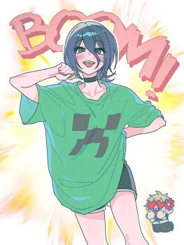 1boy 1girl black_choker black_shorts blue_hair chainsaw_man character_print choker creeper denji_(chainsaw_man) green_eyes green_shirt grenade_pin hair_between_eyes heart heart-shaped_eyes highres minecraft murangee reze_(chainsaw_man) shirt shorts tongue tongue_out