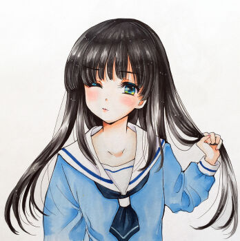 1girl arukapismillust black_hair blue_eyes blue_neckerchief blue_shirt closed_mouth commentary_request highres long_hair long_sleeves looking_at_viewer marker_(medium) neckerchief one_eye_closed original photo-referenced sailor_collar sailor_shirt school_uniform shirt simple_background solo straight-on straight_hair traditional_media upper_body white_background white_sailor_collar wispy_bangs