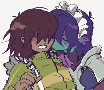 2others apron ascot blue_hair blue_skin blush_stickers brown_hair colored_skin deltarune green_jacket heart jacket kiss kissing_cheek kris_(dark_world)_(deltarune) kris_(deltarune) maid_headdress medium_hair multiple_others nelsie_(endulzado) other_focus other_with_other purple_ascot red_eyes selfcest single_blush_sticker utdr_(toby_fox) white_apron