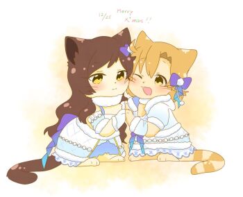 ahoge animal animal_focus animalization blush bow brown_eyes brown_hair closed_mouth clothed_animal dated dress english_text gradient_bow hair_bow hutaba idolmaster idolmaster_million_live! kitazawa_shiho long_hair merry_christmas no_humans one_eye_closed open_mouth orange_hair short_hair smile white_dress yabuki_kana