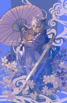 2girls absurdres ahoge barefoot carrying carrying_person closed_mouth commentary commission double-parted_bangs flower hair_between_eyes highres holding holding_sword holding_weapon horns japanese_clothes kimono kurattes long_sleeves multiple_girls oil-paper_umbrella original parted_lips purple_background purple_eyes purple_kimono standing sword umbrella watermark weapon white_flower