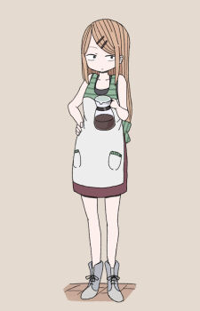 10s 1girl apron bare_legs blonde_hair coffee coffee_pot dagashi_kashi endou_saya female_focus hair_ornament hairclip hand_on_own_hip long_hair oosawa_(azeeee73) simple_background solo straight_hair