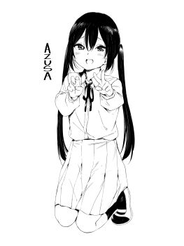 1girl blush full_body greyscale hamao highres k-on! kneeling long_hair monochrome nakano_azusa open_mouth school_uniform skirt smile solo twintails v