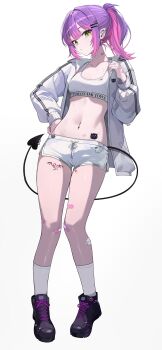 1girl absurdres alternate_costume bandaid bandaid_on_neck black_shoes breasts center-flap_bangs character_name colored_inner_hair commentary cowboy_shot cross cross_earrings demon_girl demon_tail dolphin_shorts double-parted_bangs ear_piercing earrings full_body gradient_hair green_eyes hair_ornament hairclip hand_on_own_hip hand_up hashtag-only_commentary highres hololive jacket jewelry kkato leg_tattoo looking_at_viewer medium_breasts medium_hair multicolored_hair navel navel_piercing parallel_hairclips piercing pink_hair pointy_ears ponytail purple_hair shoes short_shorts shorts simple_background socks solo sports_bra stomach tail tattoo tokoyami_towa virtual_youtuber white_background white_jacket white_shorts white_socks white_sports_bra winged_heart winged_heart_tattoo