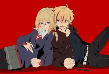 Rule 34 | 1boy, 1girl, ahoge, belt, betti (xx betti), black-framed eyewear, black pants, black pantyhose, black shirt, blonde hair, blue eyes, braid, brown jacket, closed mouth, command spell, fate/strange fake, fate (series), glasses, grey skirt, highres, jacket, long hair, long sleeves, looking at another, lower teeth only, multicolored hair, open clothes, open jacket, open mouth, pants, pantyhose, pleated skirt, red background, red eyes, red hair, richard i (fate), richard i (second ascension) (fate), sajou ayaka (fate/strange fake), shirt, simple background, sitting, skirt, smile, streaked hair, sweatdrop, teeth, two-tone hair, white belt