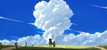 1boy 1girl absurdres ahoge blonde_hair blue_hair blue_sky boots braid brown_cloak brown_jacket cloak cloud cloudy_sky cumulonimbus_cloud dirt_road fence from_behind grass hat highres holding holding_staff holding_wand jacket landscape mushoku_tensei outdoors path red_shorts road roxy_migurdia rudeus_greyrat scenery shorts sky staff standing tenkiraku twin_braids wand white_footwear wide_shot witch_hat