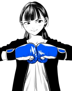 Rule 34 | 1girl, blue gloves, boxing gloves, commentary request, gloves, greyscale, hatching (texture), highres, jacket, lee (dragon garou), light blush, low twintails, monochrome, original, smile, solo, spot color, twintails, upper body