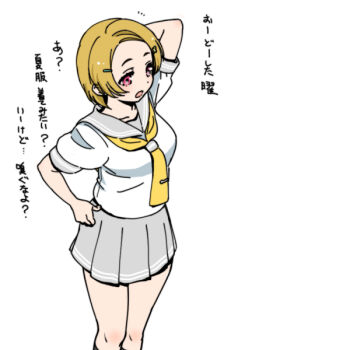 Rule 34 | 1girl, arm behind head, arm up, black socks, breasts, brown hair, collarbone, commentary request, feet out of frame, forehead, from above, grey sailor collar, grey skirt, hair ornament, hand on own hip, kneehighs, looking ahead, love live!, love live! sunshine!!, miniskirt, neckerchief, open mouth, parted bangs, pleated skirt, red eyes, sailor collar, school uniform, serafuku, shinanoya (satanicad), shirt, short hair, short sleeves, simple background, skirt, socks, solo, summer uniform, takami mito, tie clip, uranohoshi school uniform, white background, white shirt, yellow neckerchief