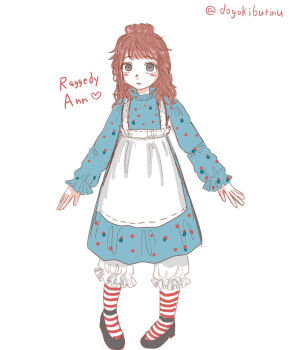 Rule 34 | 1girl, animification, apron, black shoes, blue dress, blush, character name, closed mouth, commentary request, dogokiburinu, dress, expressionless, grey eyes, highres, humanization, pantyhose, raggedy ann, raggedy ann (series), red hair, shoes, simple background, striped clothes, striped pantyhose, twitter username, white apron, white background