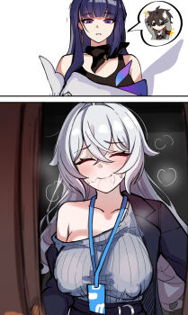Rule 34 | 2girls, adam (honkai impact), black vest, breasts, bronya zaychik, bronya zaychik (outstanding attitude), bronya zaychik (silverwing: n-ex), covered erect nipples, grey hair, grey sweater, highres, honkai (series), honkai impact 3rd, id card, implied after sex, implied hetero, large breasts, long hair, messy hair, mini2chainz, multiple girls, nervous smile, official alternate costume, opening door, purple eyes, purple hair, raiden mei, raiden mei (apho), smile, spoken character, sweatdrop, sweater, very long hair, vest