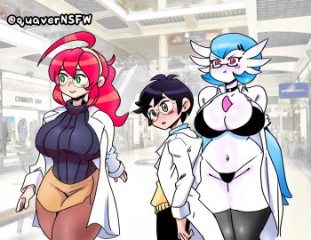 1boy 2girls alternate_color black_bra black_panties black_thighhighs blue_hair bra breasts choker cleavage distracted_boyfriend_(meme) dr._voir_(nanosheep) gardevoir gen_3_pokemon glasses green_eyes highres jealous lab_coat large_breasts looking_at_another meme mole mole_under_eye multiple_girls nanosheep_(character) nintendo panties pokemon quaverdraws quavernsfw red-framed_eyewear red_hair semi-rimless_eyewear shiny_pokemon short_hair skirt thighhighs underwear wide_hips