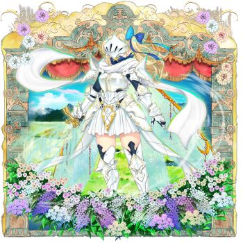 1girl alternate_costume alternate_hair_color armor armored_boots blonde_hair blue_bow boots bow breastplate daiyousei facing_viewer fairy fairy_wings flower flower_request game_cg gauntlets gold_trim hair_bow helmet highres holding holding_weapon long_hair multiple_wings official_art ornate_armor pink_flower purple_flower rotte_(1109) scarf shoulder_armor skirt solo thigh_boots third-party_source touhou touhou_lostword transparent_background weapon white_armor white_flower white_scarf white_skirt wings