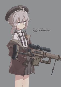 1girl absurdres ahoge beret black_gloves black_hat black_skirt bolt_action brown_hair brown_jacket cheyanne_(girls&#039;_frontline_2) cheytac_m200 closed_mouth collared_shirt commentary girls&#039;_frontline girls&#039;_frontline_2:_exilium gloves grey_background gun hat highres holding holding_gun holding_weapon hood hooded_jacket jacket looking_at_viewer m200_(girls&#039;_frontline) off_shoulder open_clothes open_jacket player193 pleated_skirt purple_eyes rifle shirt simple_background skirt sniper_rifle solo trigger_discipline weapon weapon_name white_shirt