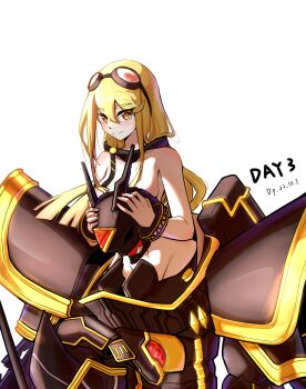 1girl absurdres alphamon armor black_armor black_helmet black_scarf blonde_hair breasts cleavage digimon digimon_(creature) digimon_story:_cyber_sleuth eyewear_on_head gaoling_gangqin helmet highres kuremi_kyouko large_breasts long_hair looking_at_viewer pink-tinted_eyewear print_scarf scarf simple_background smile solo sunglasses tinted_eyewear white_background