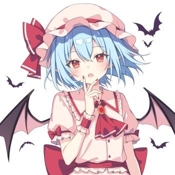 1girl ascot bat_(animal) bat_wings blue_hair blush bow dress hashtag-only_commentary hat hat_ribbon highres looking_at_viewer mob_cap open_mouth pink_hat puffy_short_sleeves puffy_sleeves purple_hair red_ascot red_bow red_eyes remilia_scarlet ribbon setteiset short_hair short_sleeves siblings simple_background sisters smile solo touhou upper_body white_background wings