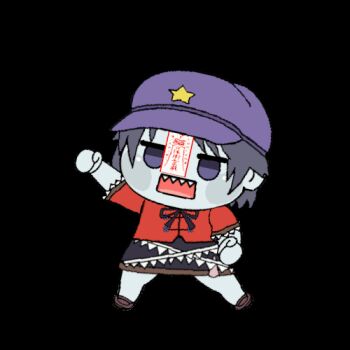 1girl animated animated_gif black_ribbon black_shoes black_skirt newsboy_cap chinese_clothes colored_skin commentary_request dancing full_body grey_hair grey_skin hat hat_ornament lace-trimmed_sleeves lace_trim looping_animation lowres miyako_yoshika neck_ribbon ofuda open_mouth purple_eyes purple_hat red_shirt ribbon ruisu_ashinaga sharp_teeth shirt shoes short_hair short_sleeves skirt smile solo star_(symbol) star_hat_ornament tangzhuang teeth touhou transparent_background umamusume_tanuki