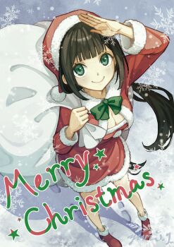 1girl black_hair bow bowtie breasts christmas cleavage commentary_request dress english_text footprints foreshortening from_above full_body fur-trimmed_dress fur-trimmed_jacket fur-trimmed_shoes fur_trim green_bow green_bowtie green_eyes hat highres holding holding_sack jacket long_hair looking_at_viewer looking_up medium_breasts merry_christmas original outdoors red_dress red_jacket red_shoes sack santa_costume santa_hat shoes short_dress signature snow snowflakes snowing solo standing wispy_bangs yuri_yone