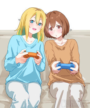 2girls absurdres blonde_hair blue_eyes blue_shirt blush brown_hair brown_shirt closed_mouth commentary_request controller game_controller green_hair highres holding holding_controller holding_game_controller kouzuki_mahiru long_hair long_sleeves multicolored_hair multiple_girls mutsuki_(mutsuki0110) open_mouth pants roots_(hair) shirt short_hair streaked_hair sweatdrop teeth upper_teeth_only white_pants yamanouchi_kano yoru_no_kurage_wa_oyogenai
